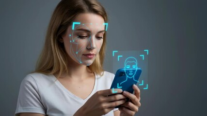 Poster - Woman using face recognition with a smartphone for security access. Biometric scanning and artificial intelligence technology concept. Future innovation footage.