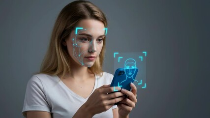 Poster - Woman holding smartphone with face ID recognition system. Concept of facial security scan and biometric identification technology footage.