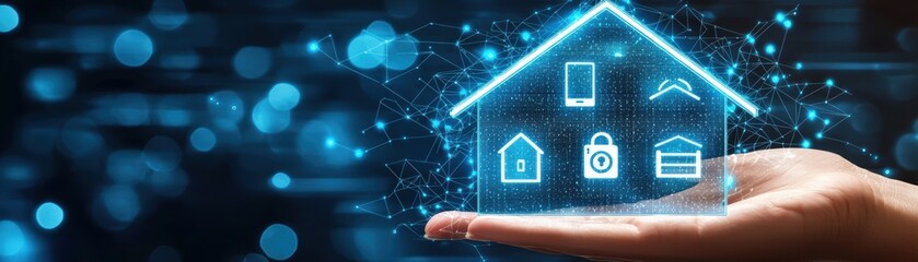 Poster - A digital hologram of a smart home with security icons floating above a person's hand, symbolizing modern home automation and cybersecurity, virtual AI hologram
