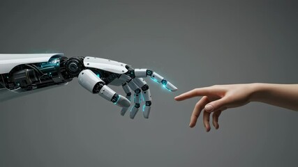 Poster - A robotic hand and a caucasian human hand touch, symbolizing artificial intelligence with humanity interaction footage.