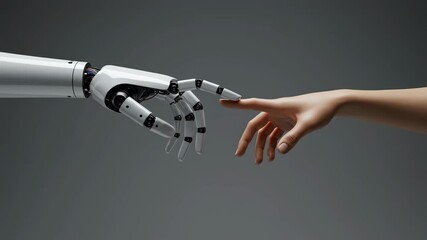 Poster - Robot hand touching woman finger. Humanity meeting artificial intelligence. Futuristic concept for technology and science. Interaction footage.