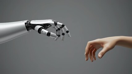Poster - Robotic hand touching a real human hand. Artificial intelligence meets humanity and future technology concept.