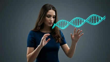 Poster - Young woman interacting with a glowing blue DNA helix. Concept of genetic engineering, biotechnology, medicine research, future technology footage.