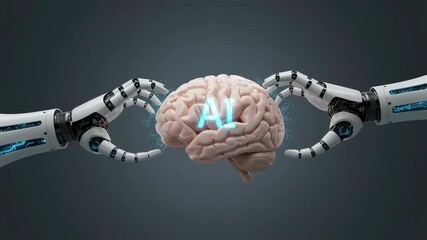 Poster - Futuristic robot arm manipulating a human brain with an AI interface. Artificial intelligence learning and cyborg technology concept. Footage.
