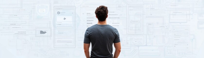 Poster - A man stands facing a large digital interface filled with interconnected UI wireframes and design elements, contemplating a user experience layout, virtual AI hologram