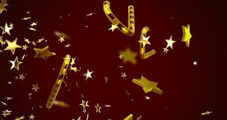 Poster - Floating 3D golden stars and candy-cane striped tubes drifting against burgundy gradient backdrop