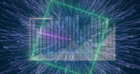 Poster - Rotating 3D bar chart with neon square outline, blue line, streams, magenta beam in virtual space