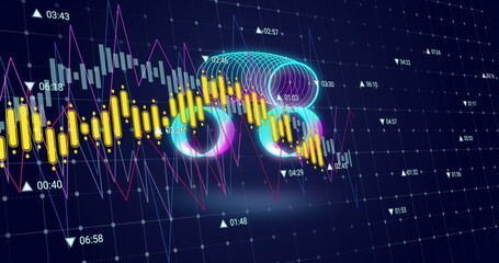 Poster - Glowing neon 3D Bitcoin symbol floating on trading screen, with candlesticks and triangular markers
