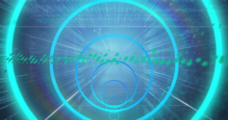 Poster - Expanding concentric circles on UI with green data stream, radial light beams, scrolling code