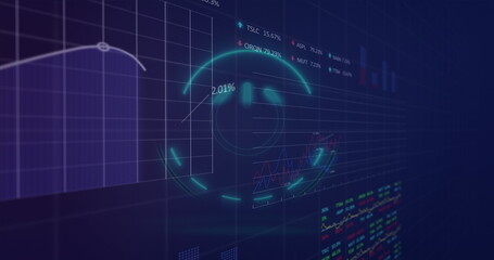 Fototapete - Displaying glowing neon circular HUD interface in virtual dashboard, with transparent data panels