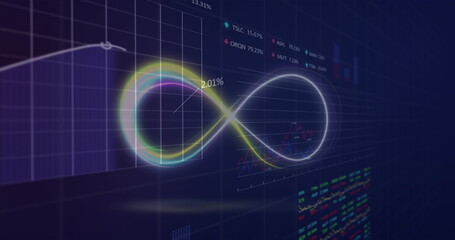 Fototapete - Showing virtual dashboard featuring glowing infinity loop on grid, with tickers and 2