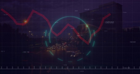 Poster - Overlaying red zigzag graph and teal HUD circle on nighttime highway, with grid and numeric labels