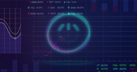Aufkleber - Dashboard interface showing glowing cyan circle with smile pattern, magenta blue graphs and tickers