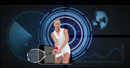Poster - Swinging tennis player in polo dress hitting backhand shot in virtual tech arena with smartphone