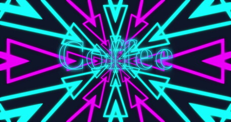 Poster - Glowing coffee text pulsing at center on dark digital canvas, with neon cyan and magenta arrows