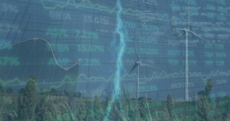 Poster - Towering wind turbines intersecting lightning at wind farm, with grass and financial overlays