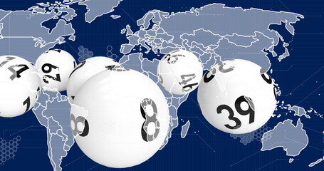 Poster - Floating white spherical lottery ball reading 8 over dark blue map grid, showing hexagonal network