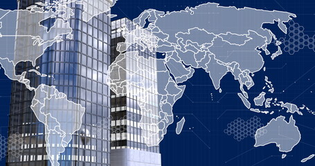 Poster - Showing two glass skyscrapers on dark blue grid background, with world map and circuit hexagons
