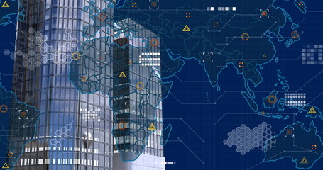 Poster - Displaying pair of glass skyscraper towers rising on digital grid world map overlay, copy space