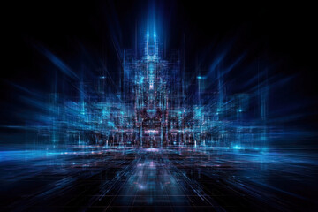 Poster - This vibrant digital artwork depicts a futuristic cityscape, alive with glowing lights and intricate patterns, symbolizing the intersection of technology and urban life in a mesmerizing way.