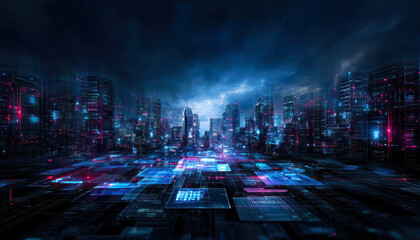 Poster - Explore a vibrant digital city, illuminated by neon lights and intricate data visuals.
