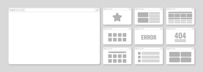 Fototapete - Web browser window, pages layout with toolbar and search field. Modern website, internet page in flat style. Browser mockup for computer, tablet and smartphone. Adaptive UI. Vector illustration