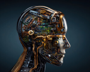 Poster - Explore the intricate fusion of technology and humanity in this detailed depiction of a robotic head