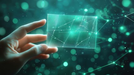 Aufkleber - A hand interacts with a transparent digital interface displaying a cracked, holographic screen with futuristic glowing elements in a dark, tech-inspired setting, virtual AI hologram