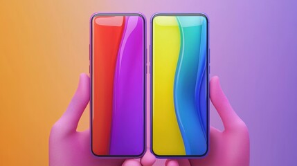Poster - Two smartphones with vibrant, colorful screens are held by hands wearing purple gloves against a gradient background, virtual AI hologram