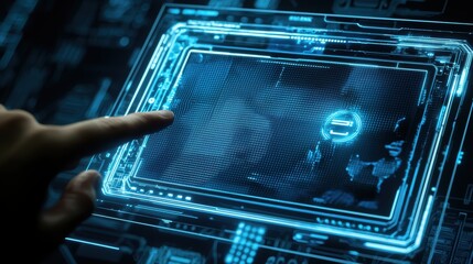 Aufkleber - A finger is interacting with a futuristic touchscreen interface displaying digital data and a glowing symbol, suggesting advanced technology and cyber interaction, virtual AI hologram