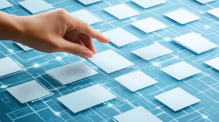 Poster - A hand interacts with a digital interface featuring multiple floating squares and circuit-like connections on a blue background, virtual AI hologram