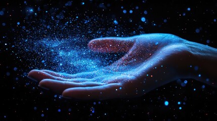 Poster - A glowing hand releasing sparkling blue particles into the dark, creating a magical and ethereal visual effect, virtual AI hologram