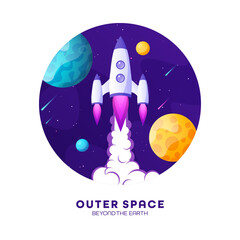 Wall Mural - Rocket launch, space futuristic colorful background with planets and stars. Cartoon starship, spaceship in night sky. Solar system, galaxy and universe exploration. Vector illustration