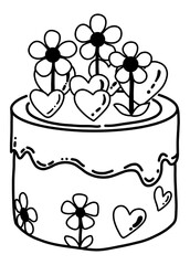 Poster - The cake is adorned with delightful decorations including three flowers and three heart shapes, some seemingly emerging from the top.