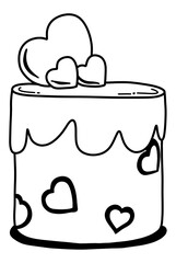Poster - a black and white outline drawing of a charming cake, perfect for a coloring activity or simple graphic design.