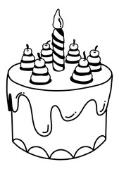 Poster - a black and white outline drawing of a birthday cake, complete with a striped candle and decorative elements on top.