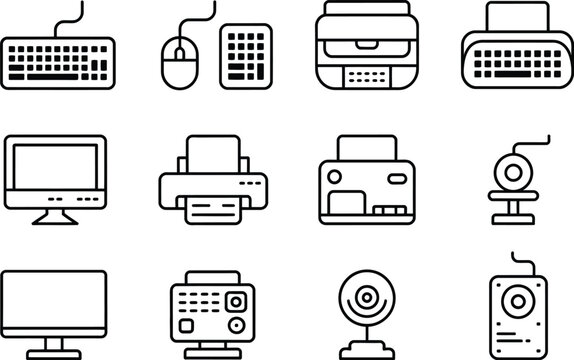 Collection of outlined computer peripherals and office equipment icons set up