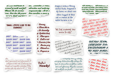 Wall Mural - Ripped paper strips with handwritten text. Realistic crumpled paper scraps with torn edges. Shreds of notebook, book or old newspaper pages. Trendy collage elements. Vector illustration
