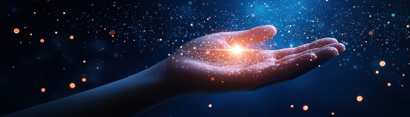 Poster - A hand gently holding a glowing, radiant light surrounded by sparkling particles against a dark blue background, virtual AI hologram