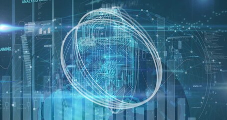 Poster - Lock icon emerging triggers rings orbiting and charts fading while beam sweeping and securing data