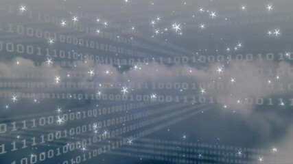 Poster - Sparkles appearing over scrolling code with rays emerging and clouds shifting showing data exchange