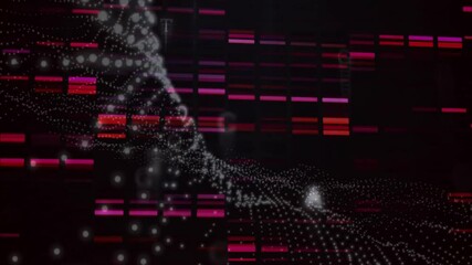 Poster - White points coalescing into rippling wave as red magenta bars pulsing, flares showing code letters