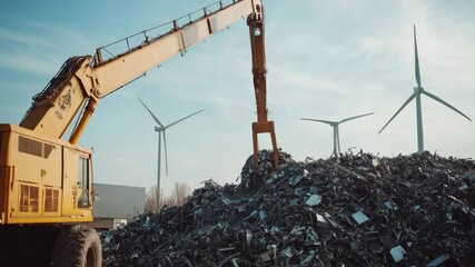 Poster - A crane lifts scrap metal into a pile, industrial cleanup process