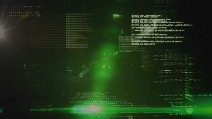 Poster - On lens flare appearing green beam pulsing code scrolling and blocks rotating visualizing interface