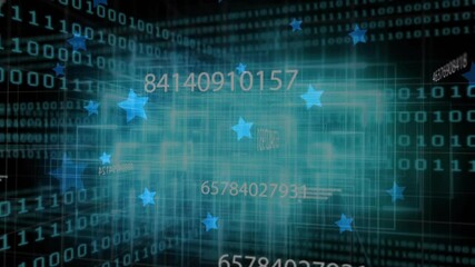 Poster - On fade in, cyan 3D wireframe grid pulsing, binary digits and star icons streaming visualizing data