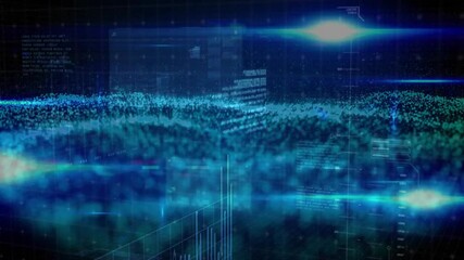 Aufkleber - 3D grid appearing and starting blue particles drifting into layered data waves, panels fading