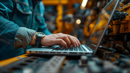 computer diagnostics. an automotive mechanical technician using laptop computer programming. car mai