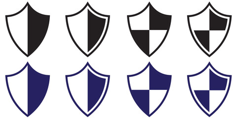 Poster - Set of silhouette shield icons in different designs featuring black and white or blue and white color combinations on a clean white background. Shield  Badge quality symbol, sign, logo or emblem.