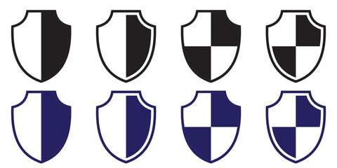 Poster - Set of silhouette shield icons in different designs featuring black and white or blue and white color combinations on a clean white background. Shield  Badge quality symbol, sign, logo or emblem.