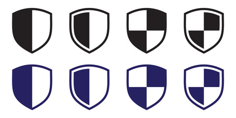 Poster - Set of silhouette shield icons in different designs featuring black and white or blue and white color combinations on a clean white background. Shield  Badge quality symbol, sign, logo or emblem.